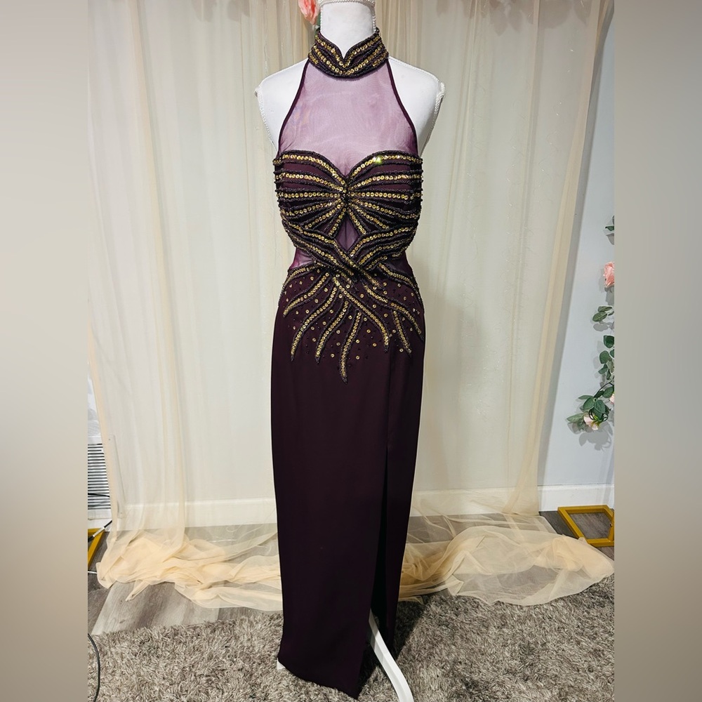 Linzas Burgundy Beaded Illusion Halter Gown | Elegant Evening Dress
